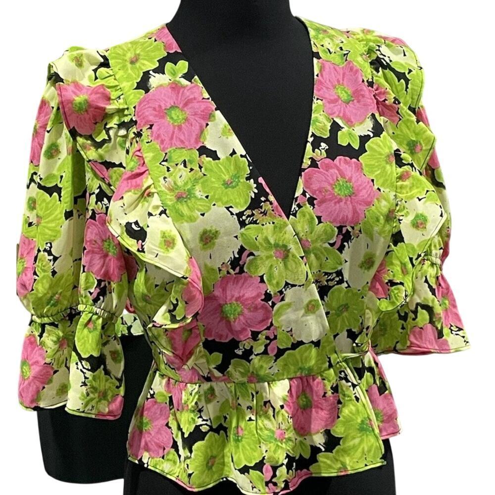 WAYF Floral Print Ruffle Wrap Top Blouse Shirt Size S NWT